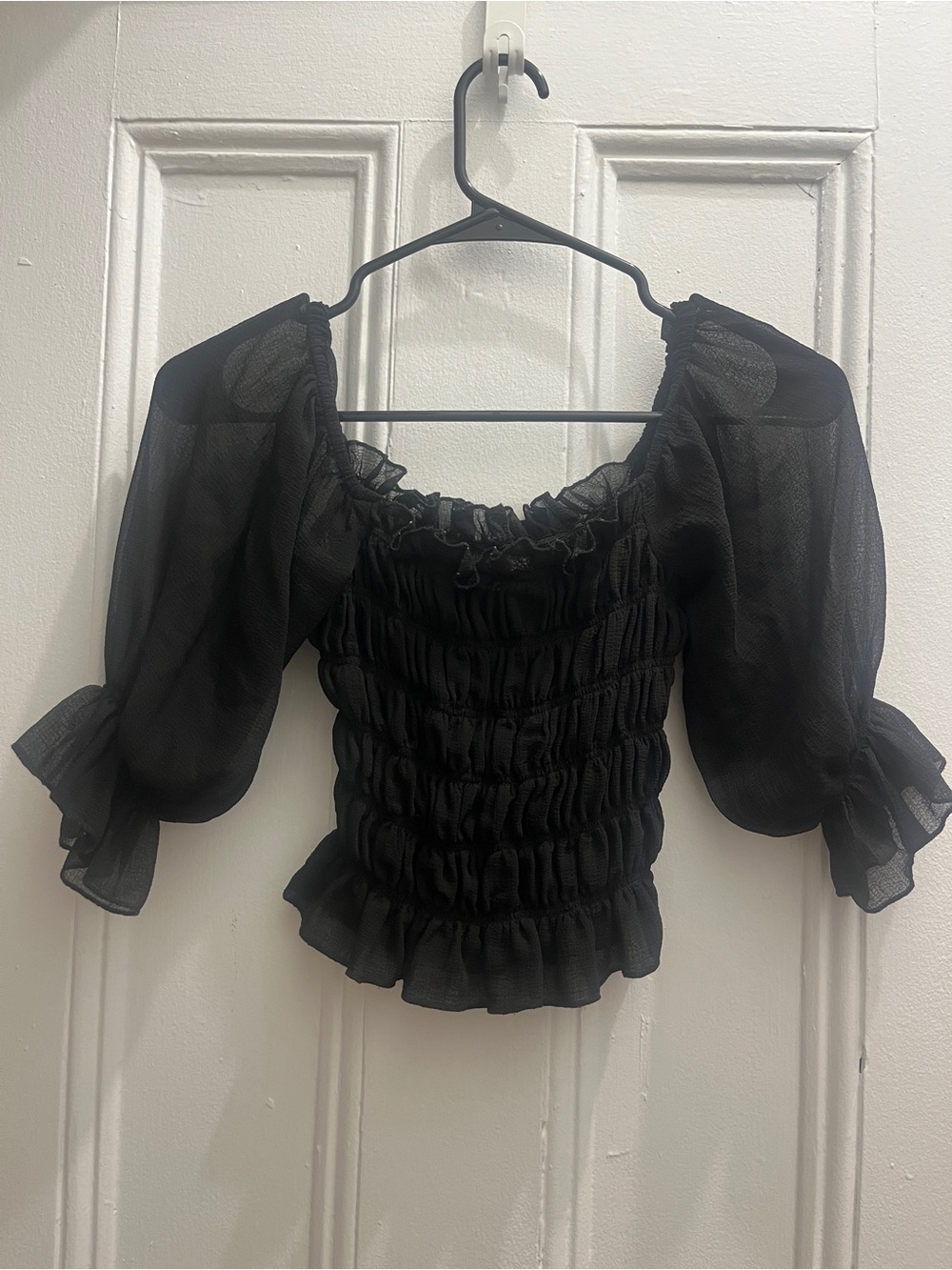 Urban Outfitters Sheer Black Smocked Puff Sleeve Women's Top